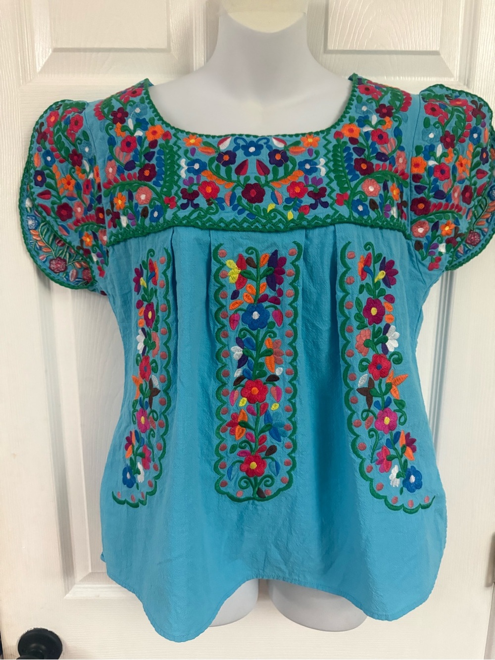 Turquoise Embroidered Peasant Top - Vibrant Floral Detail